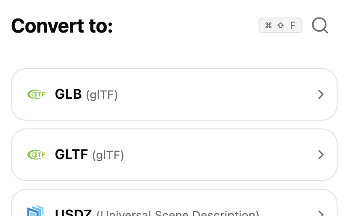 The Convert3D output format picker with the search shortcut visible.